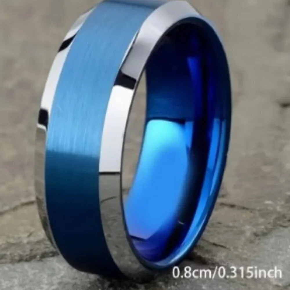 Men'S Tungsten Steel Ring With Blue Sand Finish And White Edge Size 10